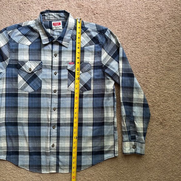 Wrangler Shirt Mens XL Button Up Long Sleeve Spread Collar Blue Plaid Pockets - Picture 9 of 12